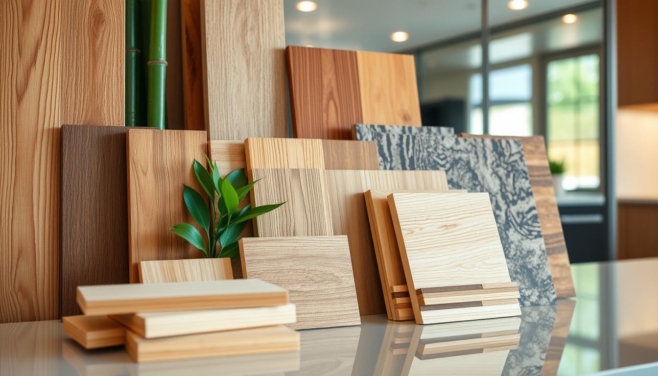 A well-lit, close-up shot of various sustainable cabinet materials arranged in an aesthetically pleasing display. In the foreground, a selection of natural wood grains, bamboo, and reclaimed timber. In the middle ground, samples of eco-friendly composite boards made from recycled plastics and agricultural waste. In the background, a subtle reflection of the display on a sleek, glass surface, creating a sense of depth. Warm, soft lighting illuminates the textures and colors, highlighting the natural beauty and environmental friendliness of these MDC Design Center cabinet materials.
