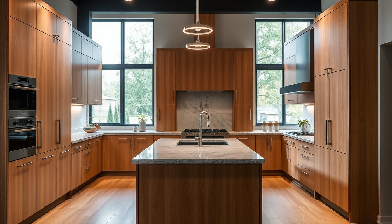 A well-lit, contemporary kitchen showcasing the artistry of custom cabinetry from the MDC Design Center. The foreground features an array of sleek, minimalist cabinets in a warm, natural wood tone, their clean lines and seamless integration creating a harmonious, inviting space. In the middle ground, a central island with a stunning quartz countertop provides both functionality and visual interest. The background reveals a blend of modern and traditional elements, including large windows that flood the room with soft, natural light, accentuating the rich textures and refined details of the custom cabinetry. An atmosphere of sophistication and craftsmanship pervades the scene, reflecting the skilled cabinet makers' ability to enhance and transform living spaces.