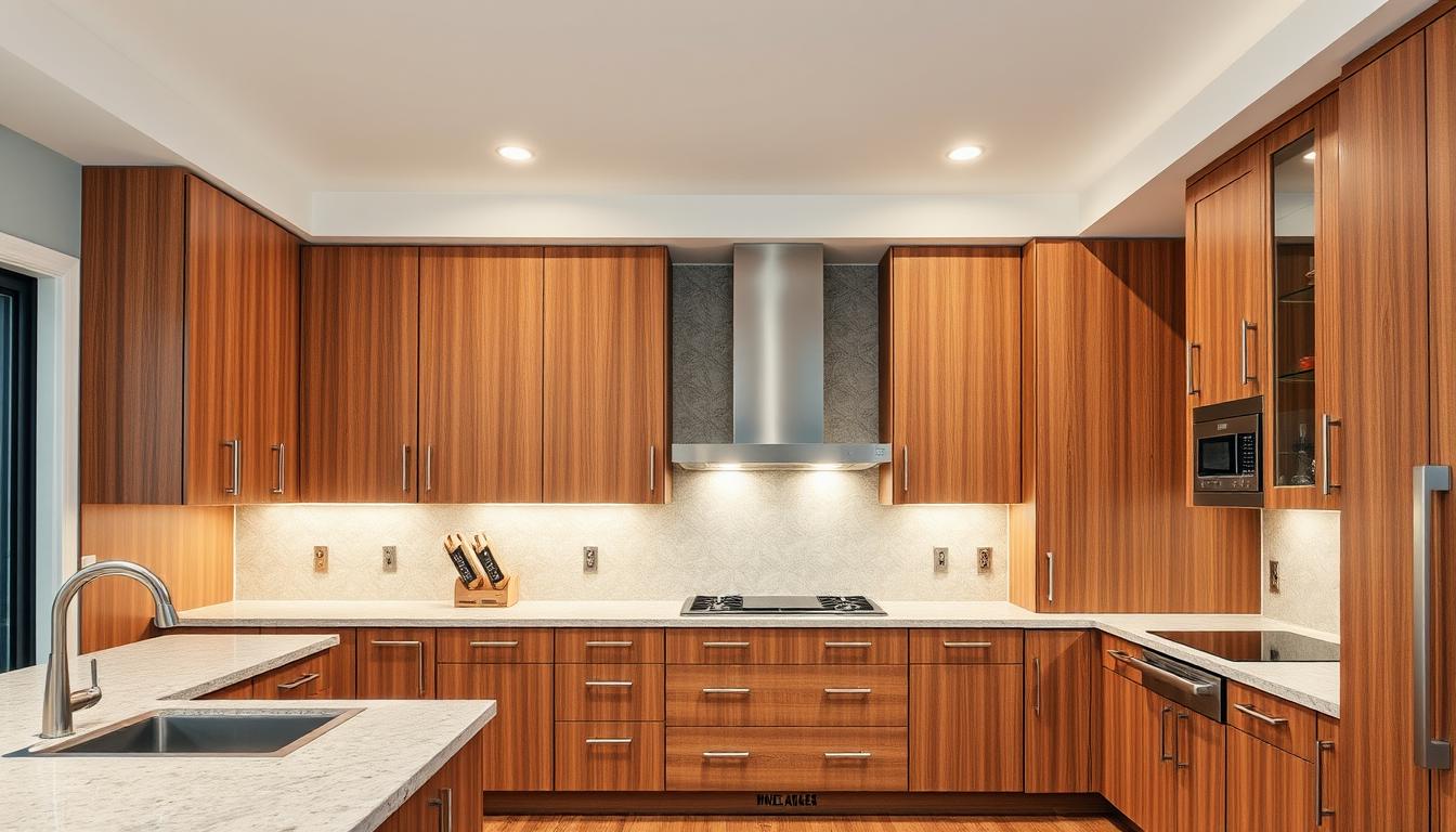 A well-lit, high-quality kitchen interior showcasing a stunning arrangement of MDC Design Center cabinets. The cabinets feature a sleek, modern design with clean lines and a rich, warm wood grain finish. The layout emphasizes functionality and aesthetics, with the cabinets seamlessly integrated into the space. Soft, diffused lighting creates a cozy, inviting atmosphere, while strategic camera angles capture the cabinets' craftsmanship and attention to detail. The overall scene exudes a sense of refinement, quality, and the MDC Design Center's commitment to exceptional cabinetry.