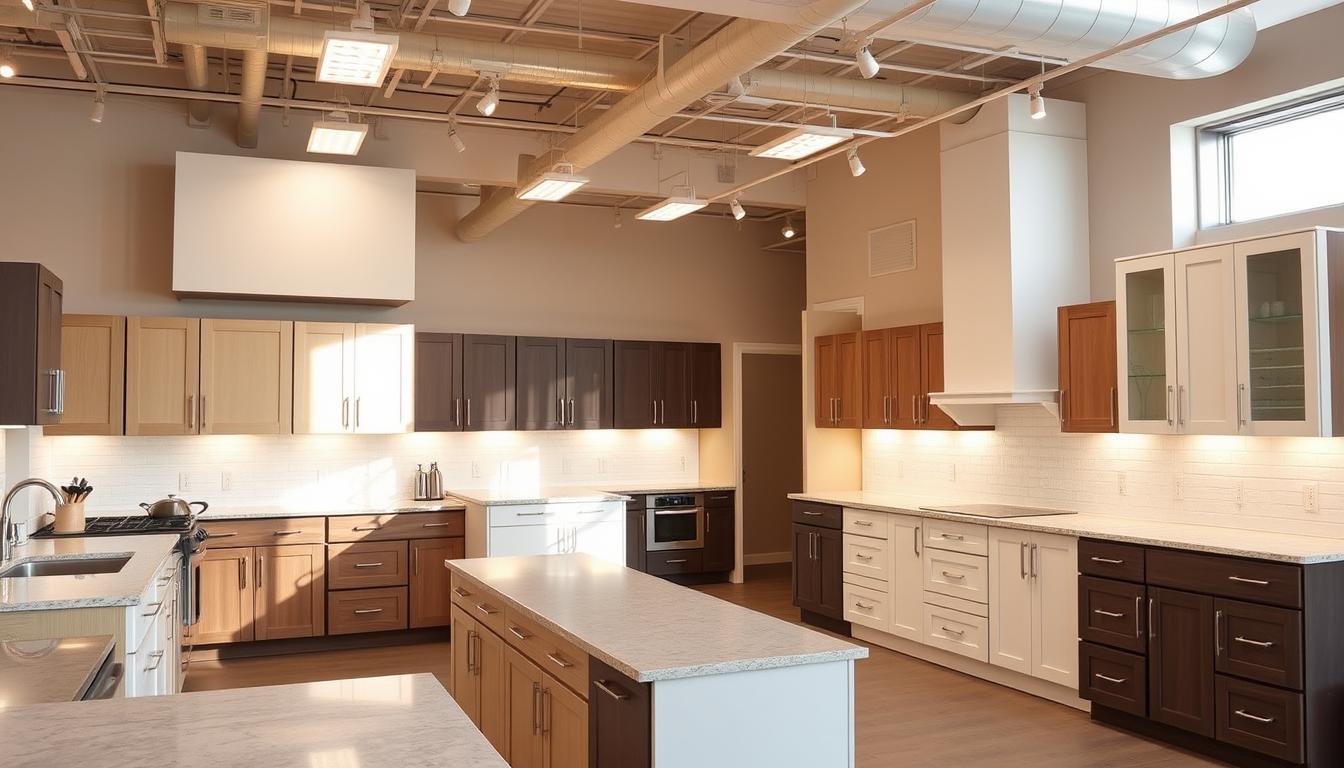A well-lit, high-quality showroom filled with an assortment of modern, sleek cabinets from the MDC Design Center. The cabinets are displayed in an organized, visually appealing manner, showcasing their various styles, finishes, and hardware options. The lighting is warm and natural, highlighting the craftsmanship and attention to detail. The background features a clean, minimalist design, allowing the cabinets to take center stage. The overall atmosphere conveys a sense of quality, professionalism, and the best prices on wholesale cabinets.