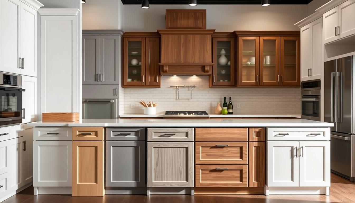 A well-lit, high-resolution image showcasing a variety of shaker-style kitchen cabinets from the MDC Design Center. In the foreground, a selection of cabinet doors in classic white, gray, and wood finishes, highlighting the clean lines and minimalist aesthetic of the shaker design. In the middle ground, a mix of base and wall cabinets, arranged to showcase the versatility and storage options. The background features a neutral-toned kitchen interior, with subtle lighting and reflective surfaces that enhance the depth and quality of the cabinets. The overall scene conveys a sense of modern, functional, and timeless design.