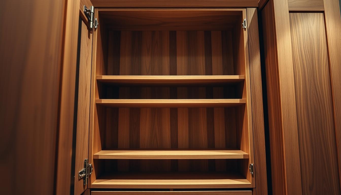 A well-lit, high-resolution photograph of a solid wood cabinet construction with a classic, modern design. The cabinet is made of rich, dark wood grain, showcasing the natural beauty and durability of the material. The construction features clean lines, precise joinery, and a sleek, minimalist aesthetic. The lighting accentuates the cabinet's depth and texture, creating a warm, inviting atmosphere. In the foreground, the camera captures the intricate details of the cabinet's hinges, drawers, and shelves, highlighting the quality craftsmanship of MDC Design Center. The middle ground displays the cabinet's overall proportions and symmetry, while the background provides a neutral, uncluttered setting to showcase the cabinet's design.