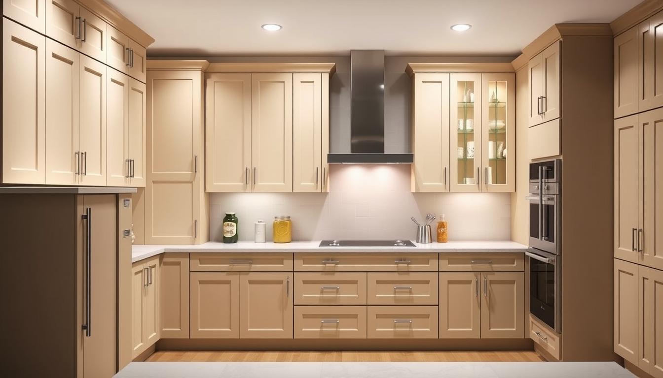 A well-lit kitchen showcasing an array of beautiful MDC Design Center cabinets. The foreground features a selection of sleek, modern cabinet styles with clean lines and a matte finish, in a warm neutral palette. The middle ground showcases additional cabinet configurations, including corner units and glass-fronted display cabinets. In the background, the kitchen space is bathed in soft, diffused lighting, highlighting the overall cohesive and stylish aesthetic. The composition emphasizes the affordability and versatility of the MDC Design Center cabinet collection, suitable for a range of kitchen designs and budgets.