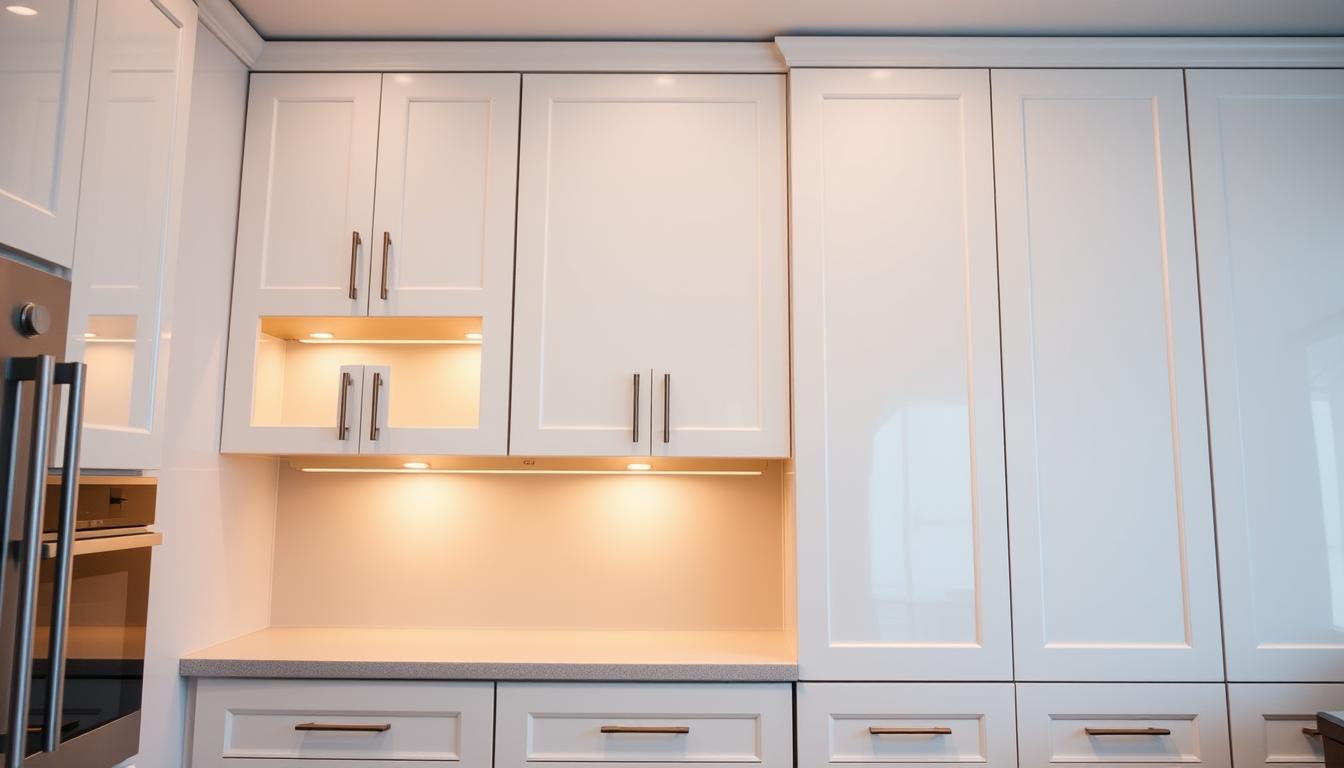 A well-lit, modern kitchen interior showcasing the sturdy, high-quality cabinets from MDC Design Center. The cabinets feature a sleek, minimalist design with a glossy, durable finish that effortlessly blends form and function. The camera captures the cabinets from a slightly elevated angle, highlighting their spacious interiors and smooth-gliding drawers. Soft, warm lighting casts a cozy ambiance, while the clean, neutral color palette creates a sophisticated, timeless look. The overall scene emphasizes the lasting durability, practical storage solutions, and elegant aesthetic of the MDC Design Center kitchen cabinets.