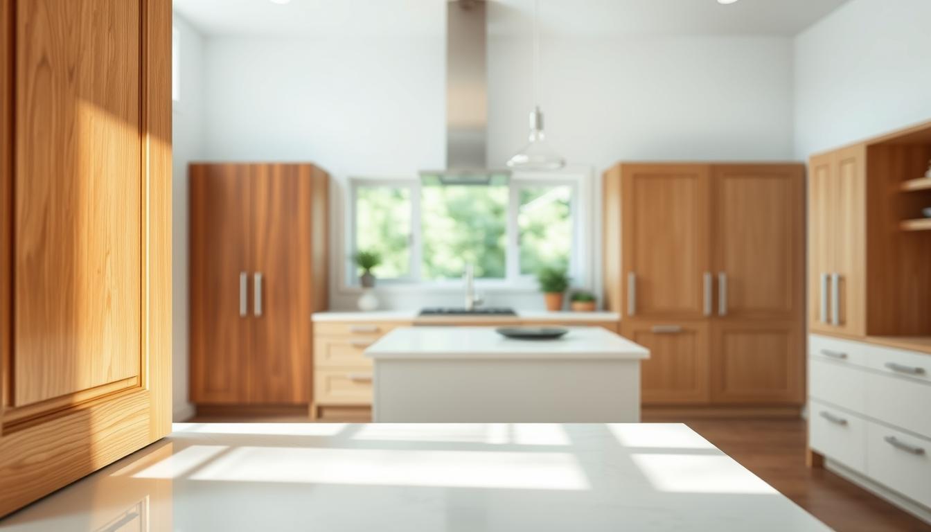 A well-lit, modern kitchen showcasing a variety of eco-friendly cabinet finishes from the MDC Design Center. In the foreground, a close-up view of a cabinet door with a smooth, low-VOC lacquer finish that reflects the warm lighting. In the middle ground, additional cabinet doors with natural wood grains and low-emission varnishes. The background features a spacious, airy kitchen with clean lines, large windows, and neutral-toned surfaces, creating a healthy, sustainable atmosphere.