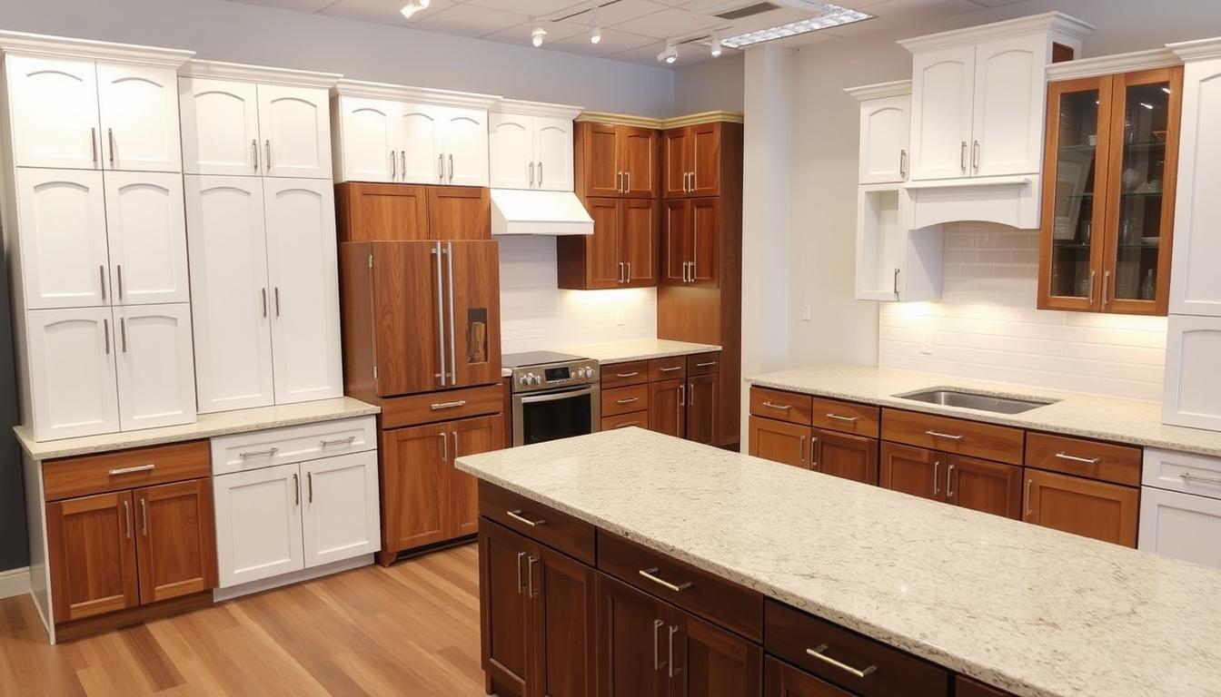 A well-lit, spacious kitchen showroom showcasing a diverse collection of high-quality kitchen cabinets from MDC Design Center. The foreground features various cabinet styles, materials, and finishes, including sleek modern white lacquer, warm wood-grained shaker, and elegant raised-panel cherry. The middle ground showcases an array of hardware options, from brushed nickel pulls to sleek integrated handles. In the background, a neutral-toned, expansive countertop complements the cabinets, creating a cohesive and visually appealing display. The overall scene conveys a sense of sophistication, functionality, and inspiration for a kitchen remodel.