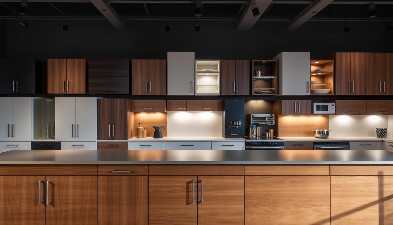 Comprehensive cabinet options from the MDC Design Center, showcasing a diverse range of sleek and modern designs. In the foreground, elegant wood-grain cabinets with minimalist hardware and clean lines. In the middle ground, a variety of cabinet door styles, including shaker, flat-panel, and raised-panel, in a range of finishes from matte to high-gloss. In the background, a selection of unique and innovative cabinet accessories, such as pull-out shelves, spice racks, and built-in lighting. The scene is illuminated by soft, directional lighting, casting warm shadows and highlights to accentuate the textures and materials. The overall atmosphere conveys a sense of sophistication, practicality, and attention to detail.
