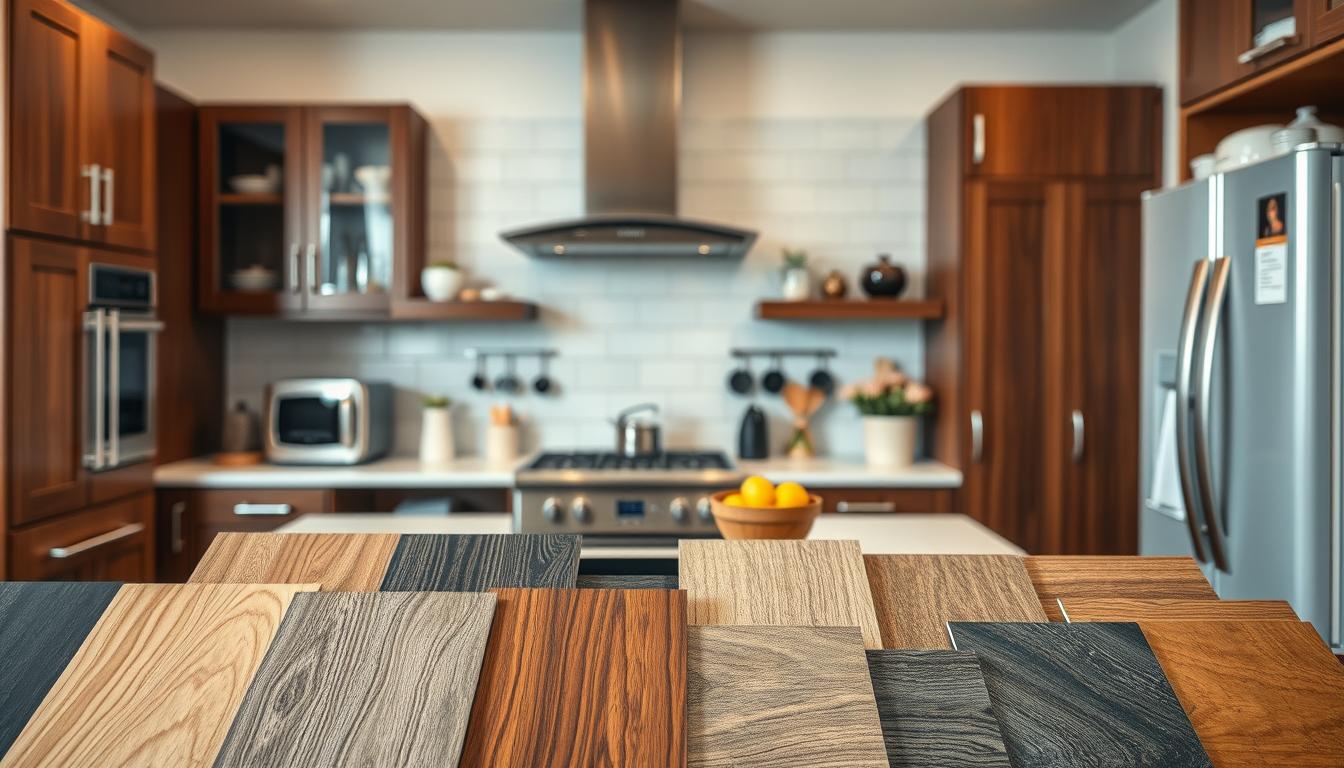 Detailed still life of various kitchen cabinet materials arranged in the foreground, including wood grains, laminate textures, and metal finishes. Middle ground features kitchen appliances and utensils to provide context. Background showcases a modern kitchen interior with MDC Design Center cabinetry and fixtures. Soft, even lighting illuminates the scene, capturing the colors, patterns, and materials in a visually appealing manner. The overall composition highlights the diverse options available for durable and stylish kitchen cabinet design.
