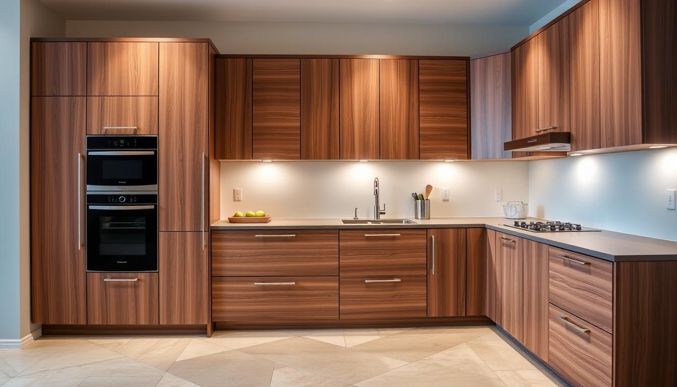 Elegant and functional kitchen cabinets from the MDC Design Center, showcased in a well-lit, contemporary kitchen setting. Sleek, minimalist lines and rich wood tones create a sophisticated, market-leading aesthetic. Strategically positioned lighting accentuates the cabinet's premium finishes and hardware, capturing their premium quality. The cabinets are arranged in a visually balanced, L-shaped layout, providing ample storage and workspace. A neutral color palette and clean, uncluttered background allow the cabinets to take center stage, highlighting their market-leading design and construction.