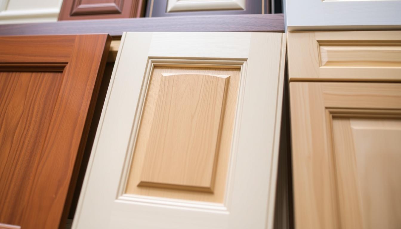Elegant cabinet door designs from the MDC Design Center, showcasing a variety of styles and materials. A well-lit, close-up shot captures intricate details - sleek, minimalist slab doors in natural wood tones; ornate, raised-panel doors with intricate carvings; and shaker-style doors with a simple, clean aesthetic. The composition highlights the craftsmanship and visual appeal of these versatile cabinet door options, inspiring readers to elevate their home's design.