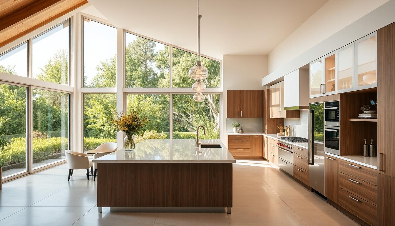 Elegant dream kitchen with MDC Design Center custom cabinets, flooded with warm natural light through large windows. Sleek minimalist design with white quartz countertops, subtle wood accents, and stainless steel appliances. Spacious open layout with a central island and pendant lighting. Expansive backsplash in neutral tile complements the earthy color palette. Sweeping view of a lush, verdant garden through oversized sliding glass doors. Cozy and inviting atmosphere with a sense of tranquility.