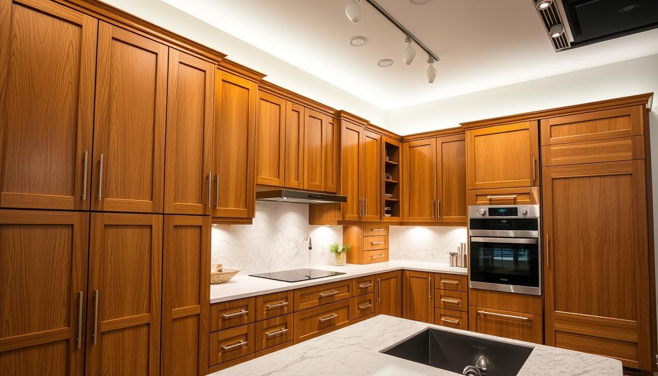 Intricate custom kitchen cabinets in a stunning display at the MDC Design Center. Beautifully crafted wood panels in a warm, rich honey tone, complemented by sleek brushed metal hardware. Elegant yet functional, the cabinets feature innovative storage solutions and a seamless flow between upper and lower units. Soft, diffused lighting creates a cozy, inviting atmosphere, highlighting the craftsmanship and attention to detail. The kitchen is a showcase of modern design, blending form and function effortlessly. A high-resolution, wide-angle shot that captures the overall layout and showcases the MDC Design Center's commitment to innovative kitchen design.