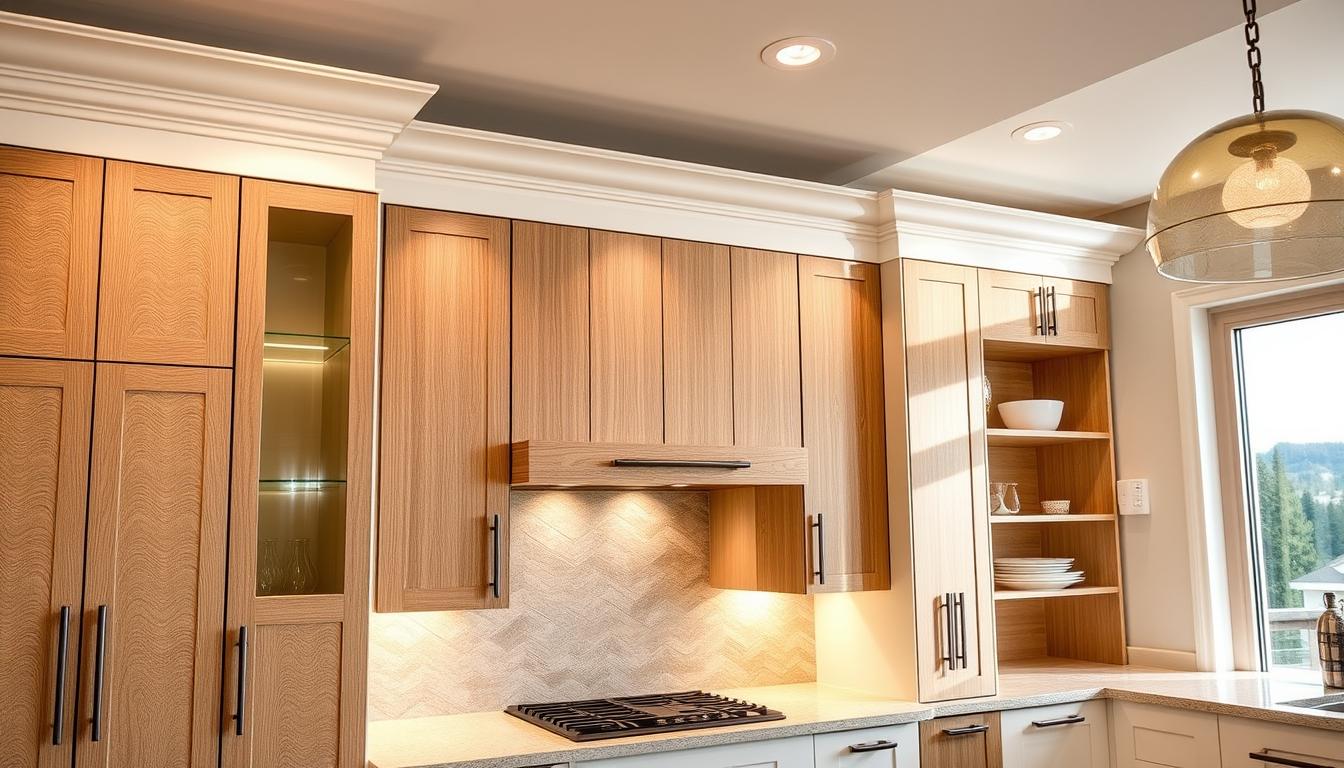 Intricate, modern kitchen cabinets in a bright, airy space. MDC Design Center custom cabinetry with clean lines, sleek doors, and a mix of natural wood tones and white finishes. Soft, even lighting from recessed fixtures casts a warm glow, highlighting the cabinet's textured surfaces and hardware. The layout features a blend of closed and open shelving, creating visual interest. In the background, a large window overlooks a scenic outdoor view, further enhancing the sense of openness and natural inspiration. An inviting, functional kitchen design that seamlessly blends style and practicality.