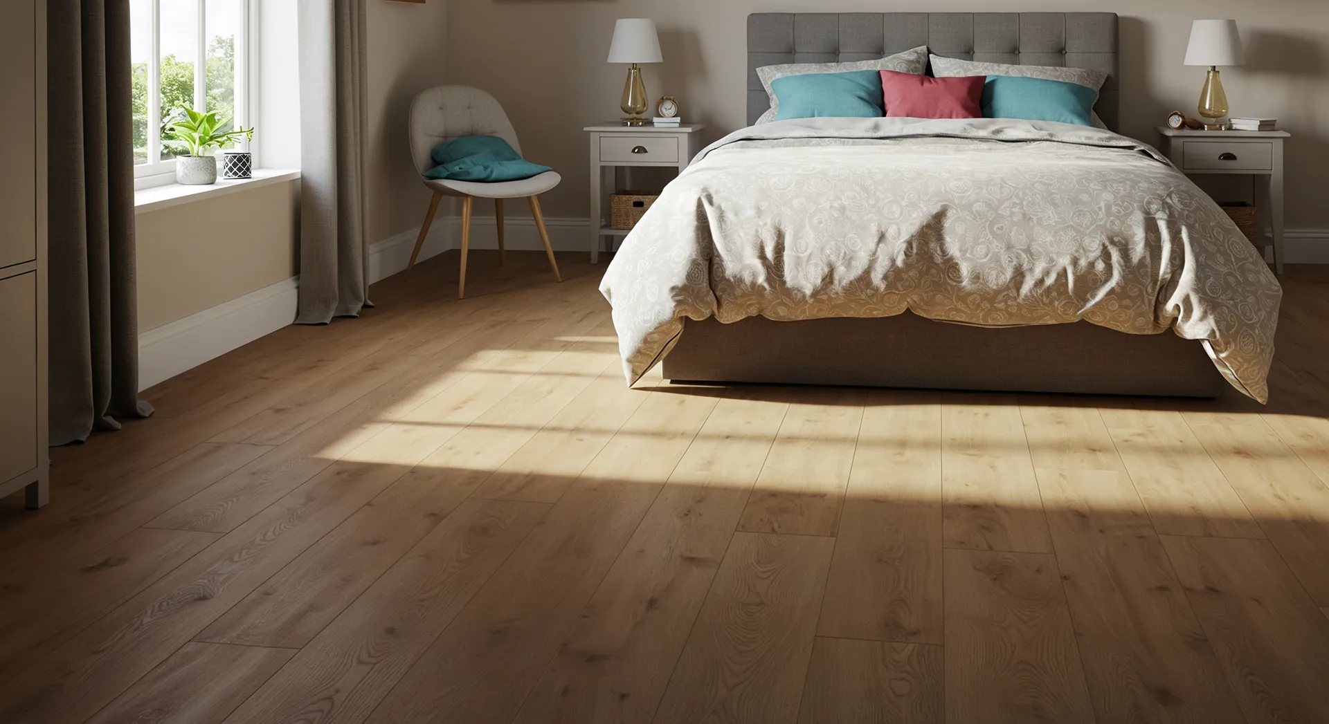 Bedroom with light oak laminate flooring, upholstered bed, white nightstands, and natural light streaming through large window.