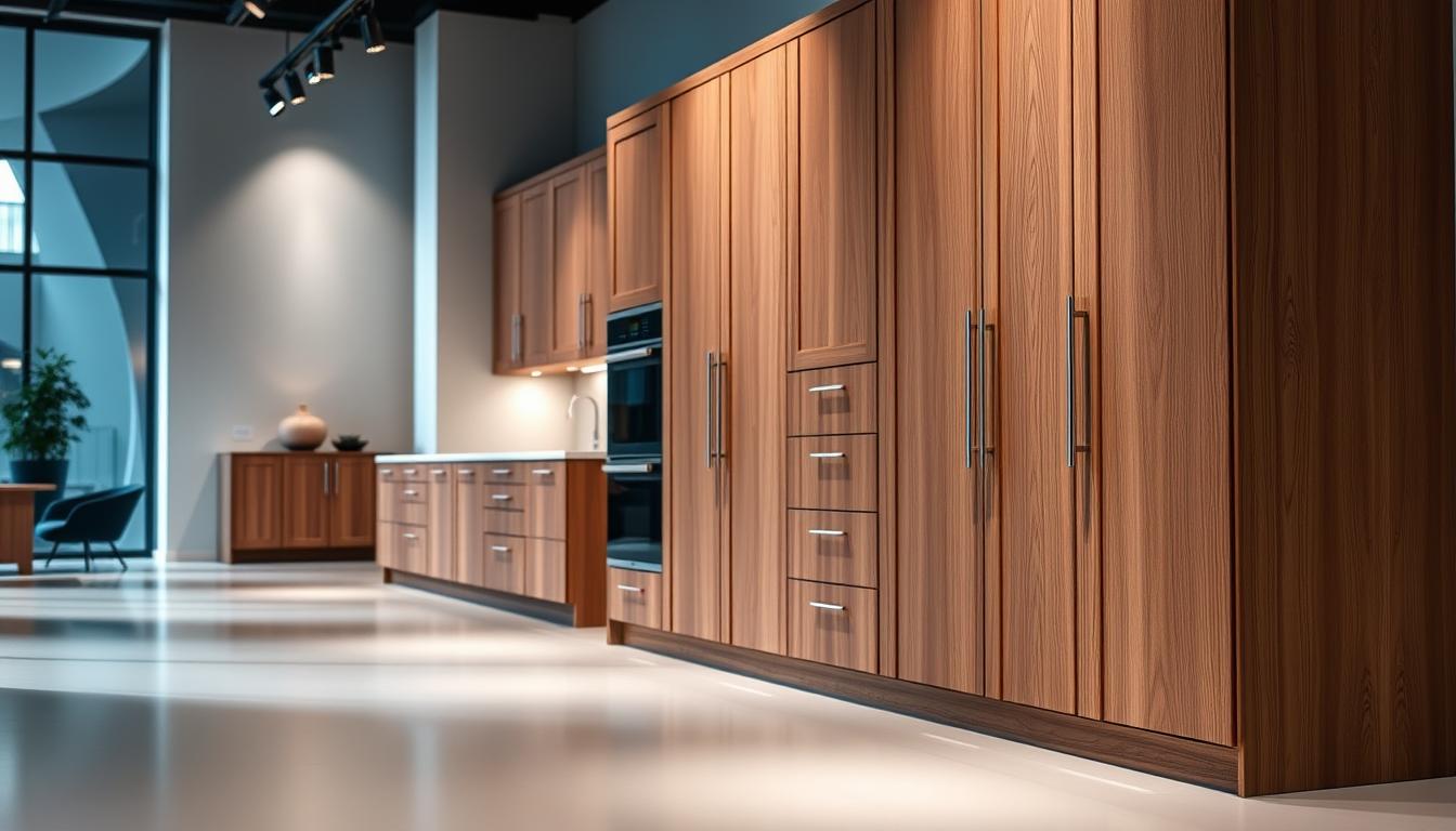 Precision cabinet design, elegant and functional, showcased in a sleek, well-lit showroom. Meticulously crafted wooden cabinets with a minimalist aesthetic, complemented by clean lines and a neutral color palette. In the foreground, a carefully staged vignette displays the attention to detail and craftsmanship of the MDC Design Center, with a focus on the seamless integration of hardware and hinges. The middle ground features additional cabinet configurations, highlighting the versatility and customization options available. The background subtly accentuates the overall mood, with a softly diffused lighting and a slightly blurred, modern architectural setting.