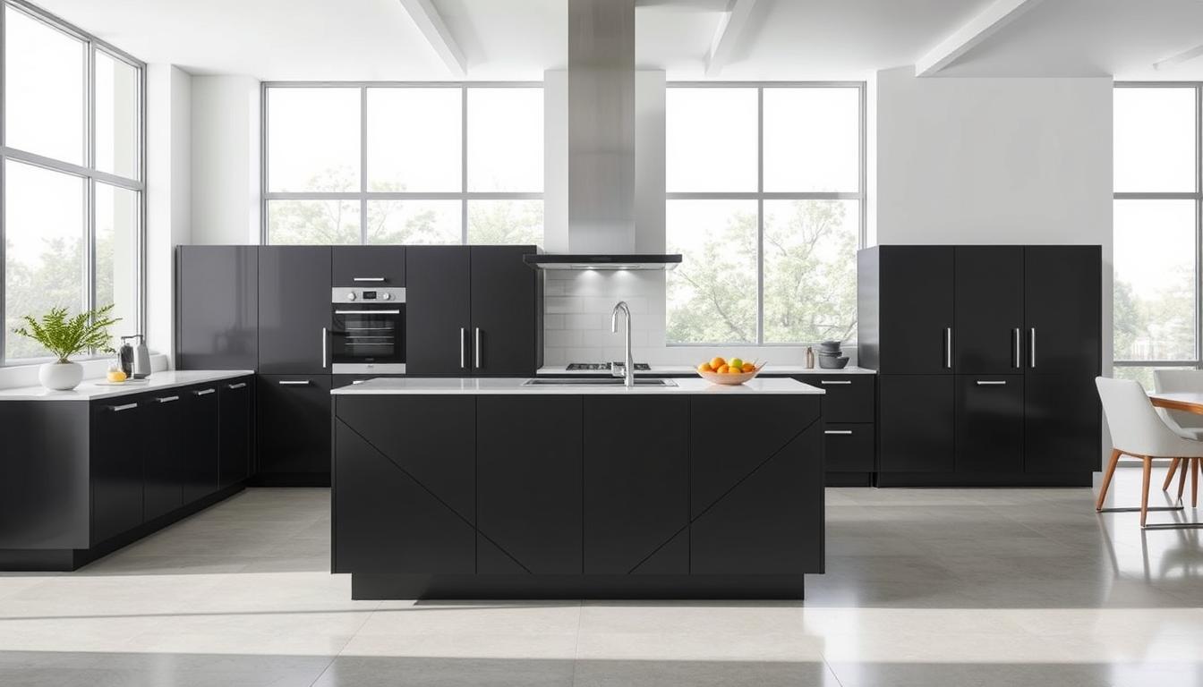 Prompt A contemporary kitchen showcasing the sleek and sophisticated MDC Design Center cabinets. The foreground features a clean-lined, minimalist design with a matte black finish and angular profiles. The middle ground highlights the seamless integration of appliances, evoking a harmonious, streamlined aesthetic. The background depicts a spacious, well-lit kitchen, with large windows allowing natural light to flood the space, creating a bright and airy atmosphere. The overall mood is one of modern elegance, reflecting the latest design trends and catering to the discerning tastes of the homeowner.