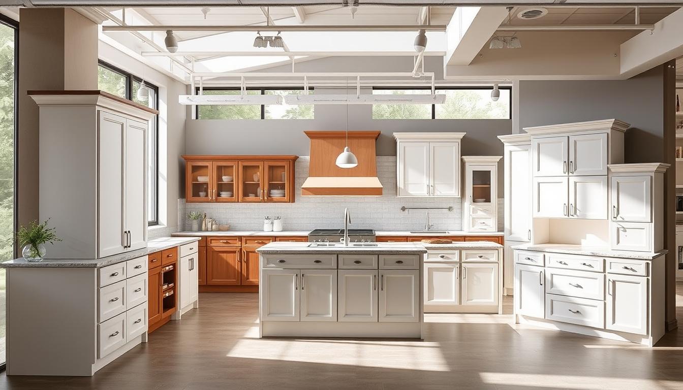 a stylish and modern cabinet display in an upscale showroom, showcasing a variety of classic cabinet styles from the MDC Design Center, including sleek and minimalist white cabinets, warm wood-toned cabinets with elegant detailing, and classic shaker-style cabinets in a neutral palette. The cabinets are arranged in a well-lit, spacious setting with large windows, allowing natural light to pour in and accentuate the fine craftsmanship and premium finishes. The overall atmosphere is one of sophistication, elegance, and timeless appeal, perfectly capturing the essence of the "Explore Our Cabinet Collection for Every Style" section.