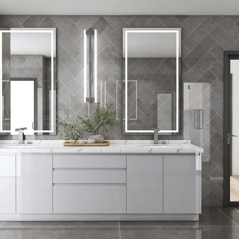 Contemporary white lacquer bathroom vanity with dual vessel sinks, wall-mounted faucets, and large frameless mirrors.