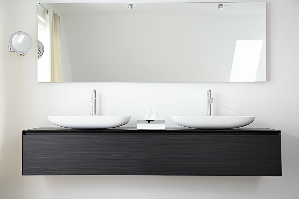 Sleek modern bathroom featuring a dark wood floating double vanity with white oval vessel sinks, large frameless mirror, chrome fixtures, and minimalist wall-mounted lighting