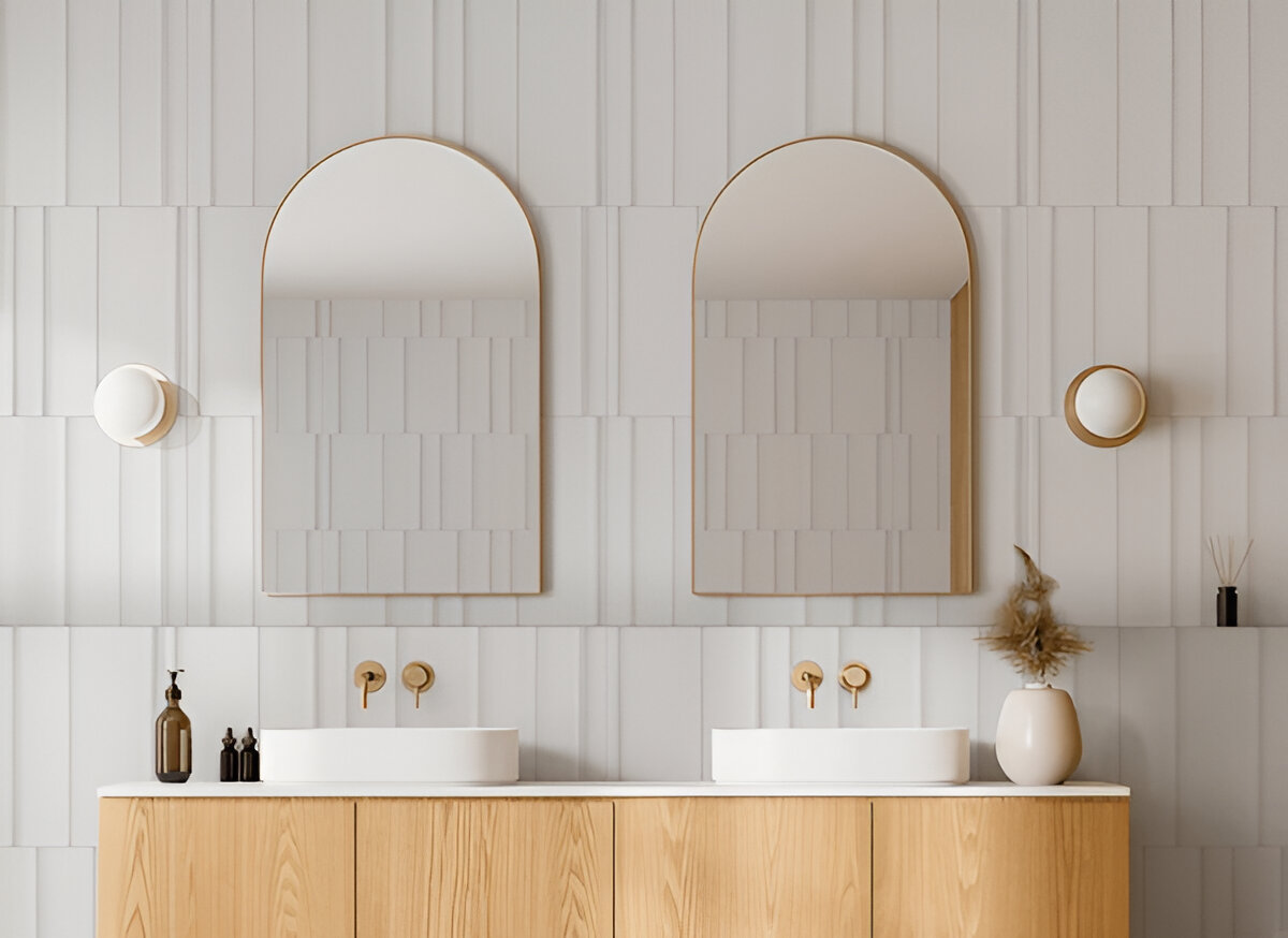 Modern bathroom featuring light wood floating vanity with white vessel sinks, brass fixtures, arched mirrors with brass frames, white textured tile backsplash, and circular wall sconces