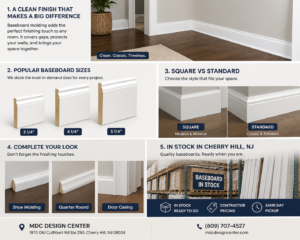 Where to Buy Baseboard Molding in Cherry Hill NJ (In Stock & Same Day Pickup) 1 baseboard molding sizes and styles guide in Cherry Hill NJ showing 3 1/4 4 1/4 5 1/4 baseboards and trim options
