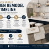 South Jersey kitchen remodel timeline infographic showing planning, cabinets, countertops, flooring, installation, and renovation stages in Cherry Hill and Philadelphia.